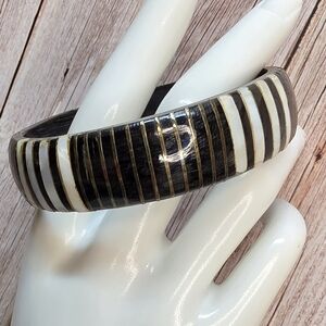 Carved Horn Bangle Mother of Pearl Inlay Wide Statement Bracelet